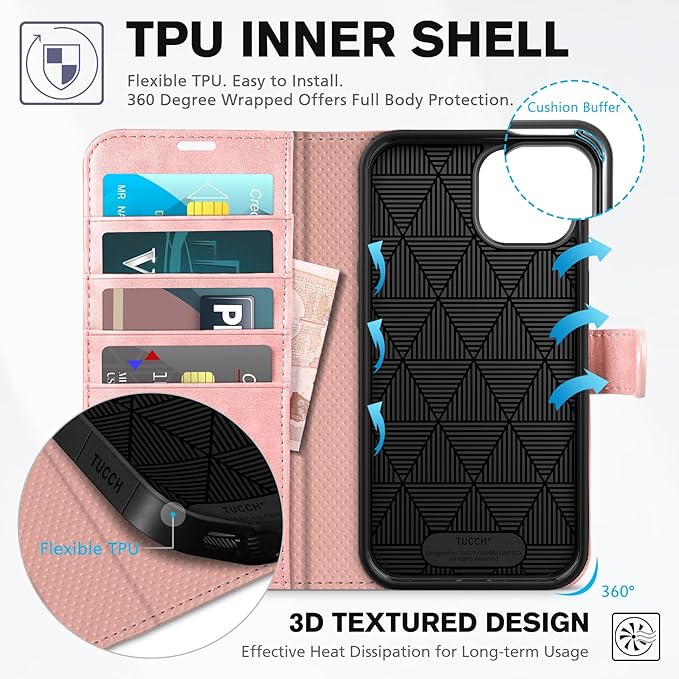 TUCCH Wallet Case for iPhone 14 6.1-inch 5G, [TPU Shockproof Inner Shell] PU Leather [RFID Blocking] 4 Credit Card Holder Magnetic Kickstand Flip Cover Compatible with iPhone 14 (6.1"), Rose Gold