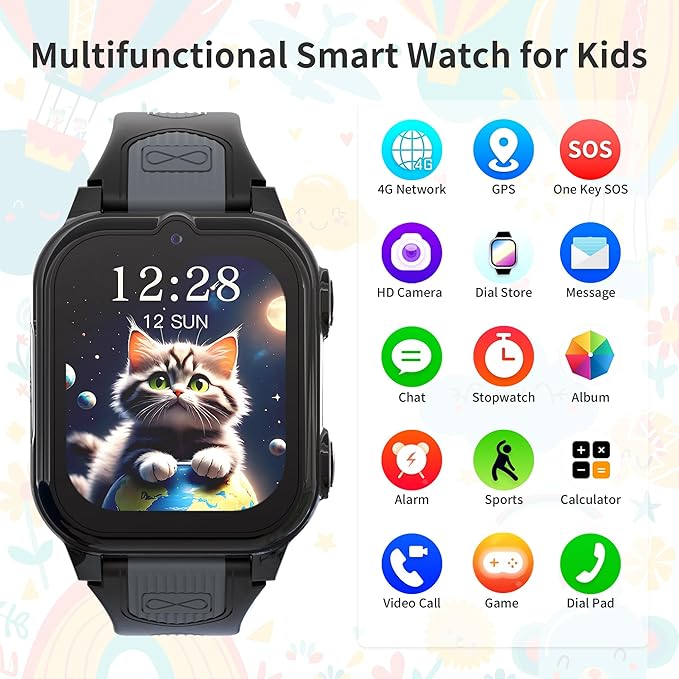 4G Kids Smart Watch Boys with GPS Tracker Video & Voice Calling Text, GPS Watch for Kids Age 5-12, SOS Call Chat Camera Pedometer Alarm Calculator Games Boys Gifts(Black)