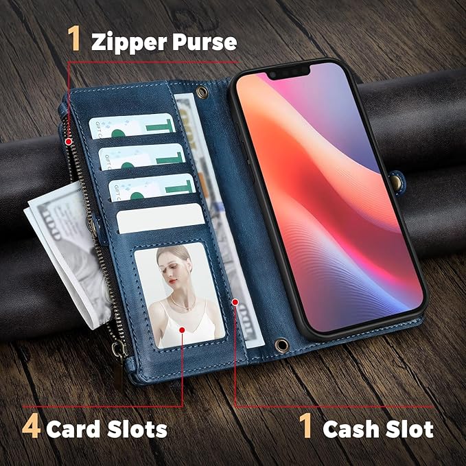 for iPhone 16e Wallet Phone Case with 7 Card Holder,RFID Blocking | PU Leather | Kickstand | Flip | Wrist Strap&Shoulder Strap | Shockproof | Zipper Wallet | Women Men | 6.1" | Blue