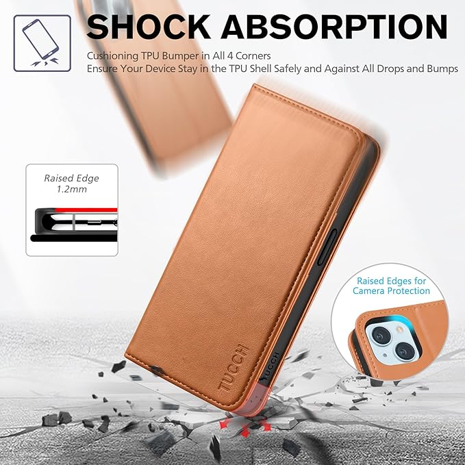 TUCCH Wallet Case for iPhone 15 5G, [RFID Blocking] 3 Credit Card Holder Case Wallet, Kickstand PU Leather Folio Flip Cover [TPU Interior Protective Case] Compatible with iPhone 15 6.1",Light Brown