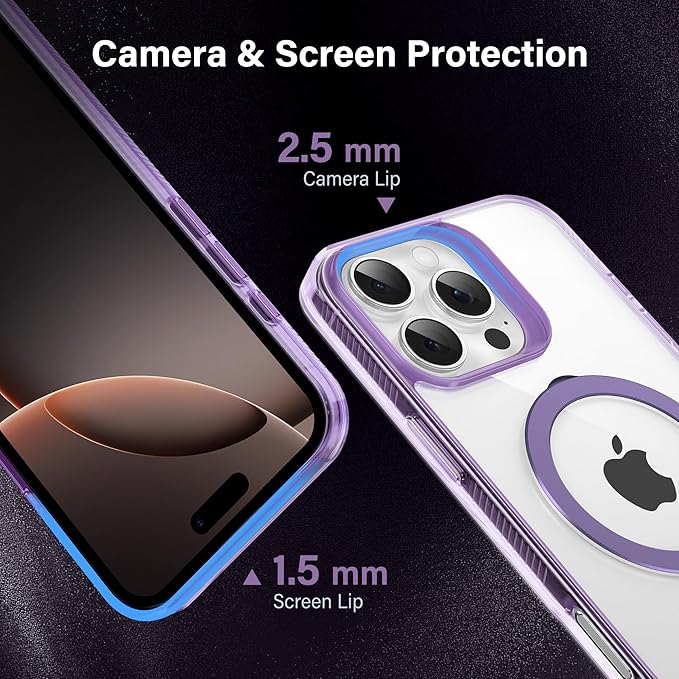 Magnetic Case for iPhone 16 Pro - [Built-in Invisible Stand] [Compatible with MagSafe] [Military Grade Drop Protection] Anti-Yellowing Hard Back Silicone Edge Cover, 6.3", Clear Purple
