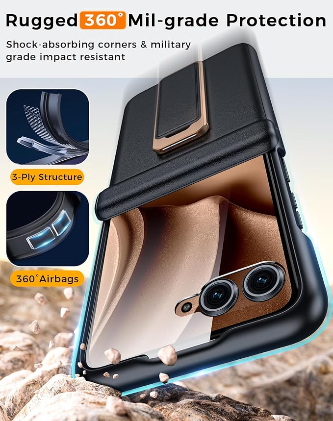 for Motorola Razr+ Plus 2025 Case/Razr+ Plus 2024 Case, Built-in Screen Protector & Hinge Protection & 360° Spin Stand & Hand Strap, Slim Leather Shockproof Phone Case for Razr+ 2025(Black)