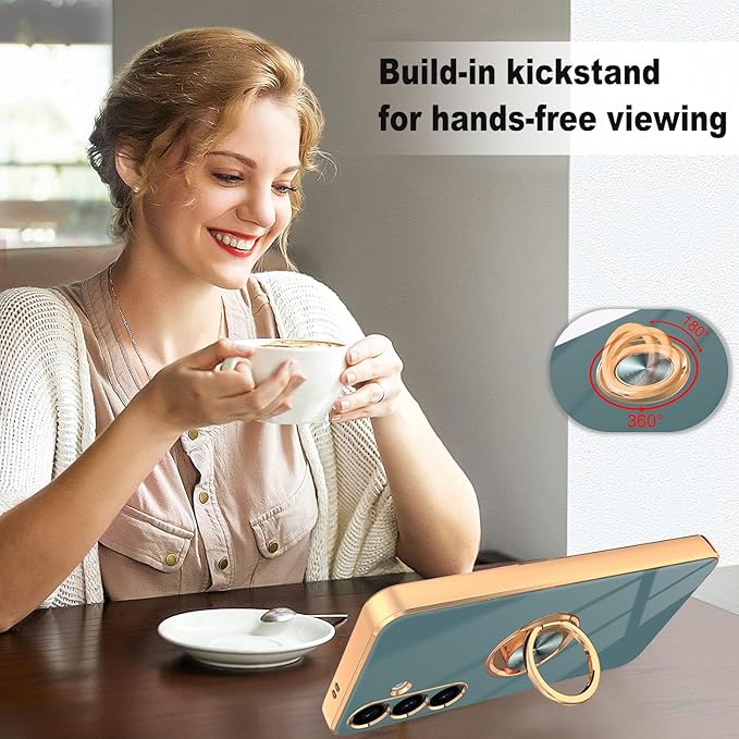 Dinick Gray for Samsung Galaxy S24 Case with Ring Holder Kickstand [with Magnetic] Soft TPU Bumper, Glitter Gold Electroplated Cover Slim Thin Protective Phone Case for Galaxy S24