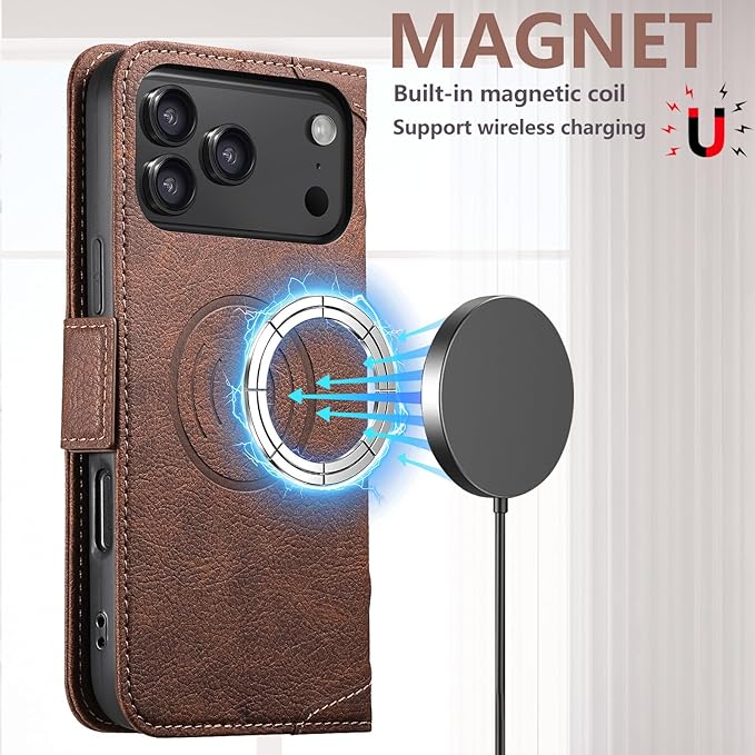 Leather Magnetic Wallet Case for iphone17 Pro Compatible With MagSafe & Wireless Charging, 3 Card Slots & ID Holder, Kickstand, 360° Military Shockproof Protection for Phone 17pro Premium Brown