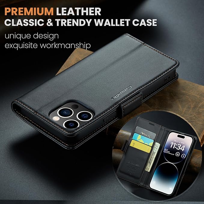 for iPhone 14 Pro Max Case, Premium PU Leather Wallet Case Flip Cover with [RFID Blocking][Card Holder][Stand Function] Shockproof Protective for iPhone 14 Pro Max, Black