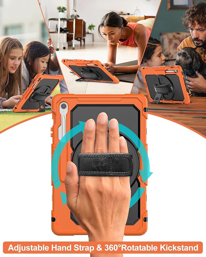 Case for Samsung Galaxy Tab S10 FE Plus 5G Tablet 13.1'', Shockproof Protective Cover with Tempered Glass Screen Protector, Rotatable Kickstand, S Pen Holder, Hand/Shoulder Strap, Orange