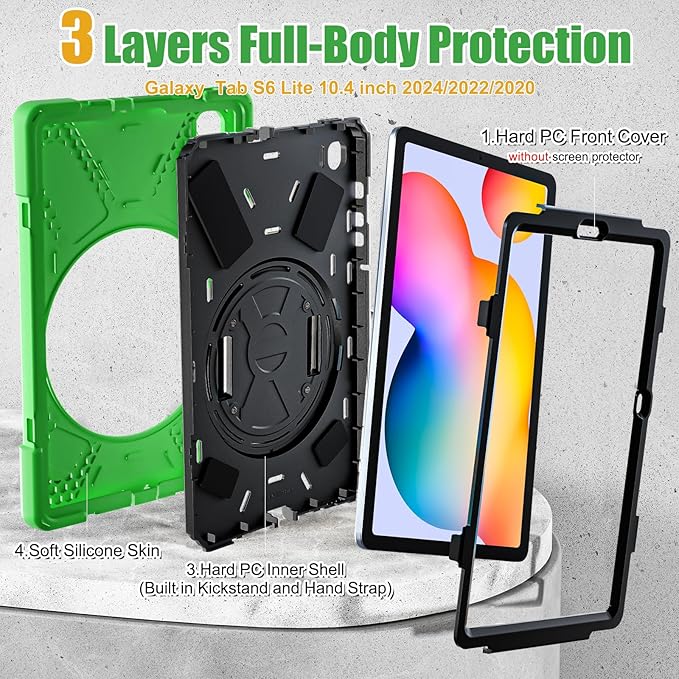 BRAECNstock Case for Samsung Galaxy Tab S6 Lite 10.4 inch 2024/2022/2020 (SM-P620/P610/P619) Shockproof Protective Samsung Galaxy S6 Lite Case with Pen Holder Rotating Stand & Hand Strap Kids - Green