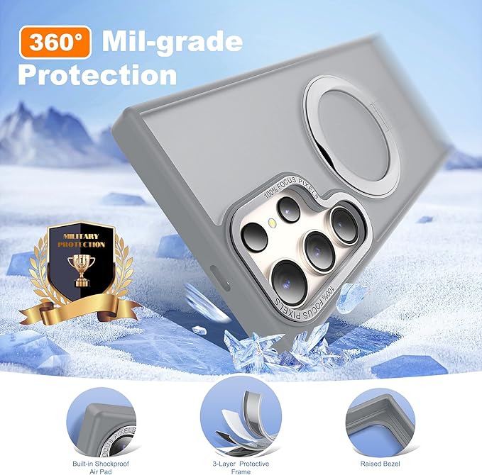 Compatible with Samsung Galaxy S24 Ultra Case with 360Rotatable Magnetic Ring Stand Compatible with Mag-Safe Military Protection Matte Translucent Phone Cases for S24 Ultra 6.8",Gray