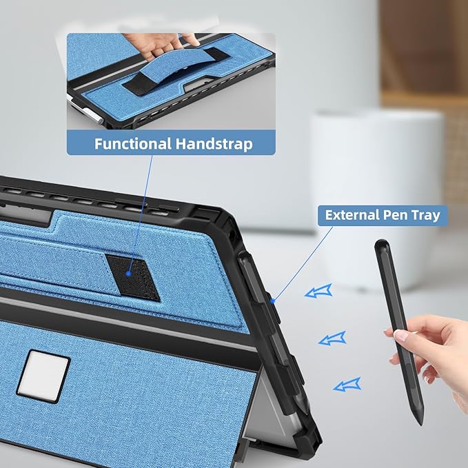 Case for 12.3" Microsoft Surface Pro 7+/7/6/5/4/Pro LTE Protective Rugged Cover Case, with Stylus Pen Holder and Hand Strap, Compatible with Type Cover Keyboard, Blue