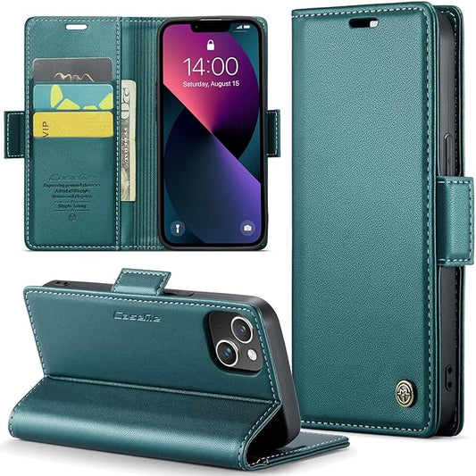 for iPhone 14 Case, Premium PU Leather Wallet Case Flip Cover with [RFID Blocking][Card Holder][Stand Function] Shockproof Protective for iPhone 14 6.1 inch, Blue-Green
