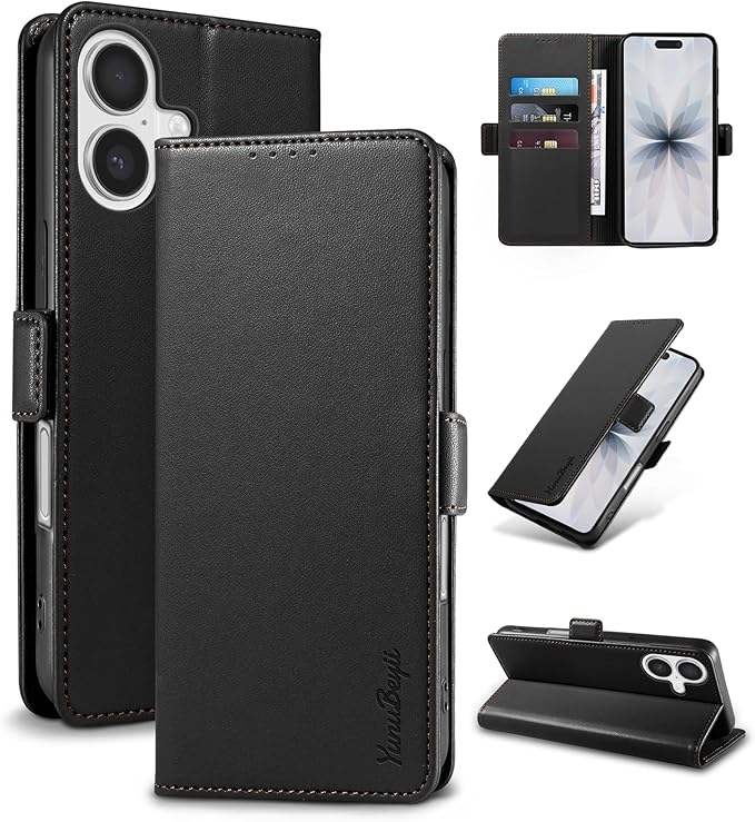Wallet Flip Case for iPhone 17 5G - [RFID Blocking] Luxury PU Leather Card Holder Magnetic Phone Cover with Kickstand,Shockproof Protective Case,Black
