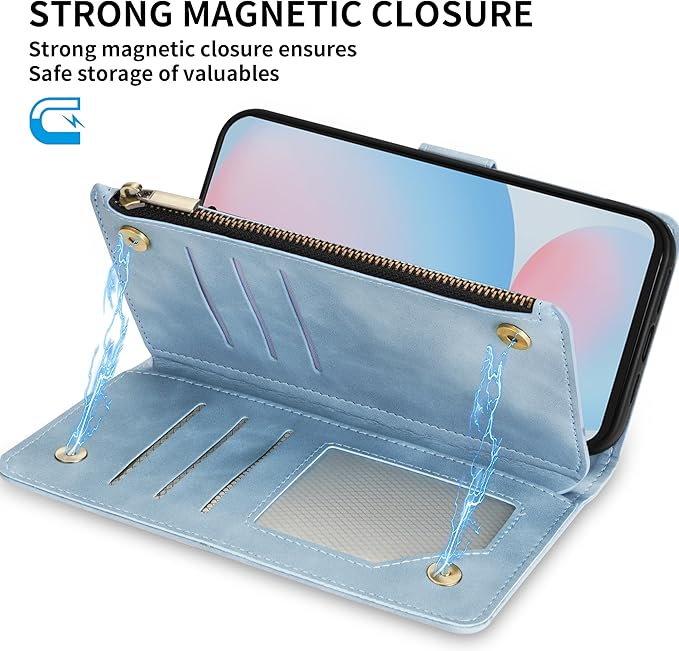 ZZXX for Samsung Galaxy S24 FE Wallet Case with RFID Blocking Card Slot PU Leather Zipper Flip Folio with Strap Kickstand Protective Cover for Galaxy S24 FE Case Wallet(Light Blue-6.7 inch)