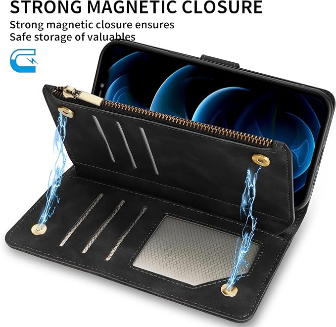 ZZXX for iPhone 12 Pro Max Wallet Case with Card Slot Premium Soft PU Leather Zipper Flip Folio Wallet with Wrist Strap Kickstand Protective for iPhone 12 Pro Max Case Wallet(Black 6.7 inch)