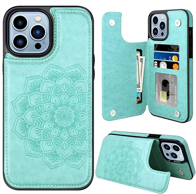 MMHUO for iPhone 14 Pro Max Case with Card Holder,Flower Magnetic Buttons Protective Wallet Case for Women for iPhone 14 Pro Max,Mint