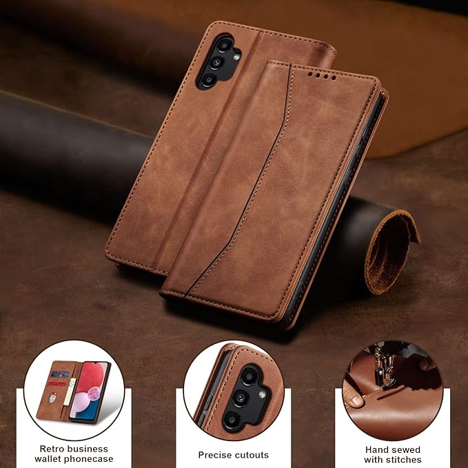 Jasonyu Flip Wallet Case for Samsung Galaxy A13 5G/4G/Galaxy A04s,Leather Magnetic Folio Cover with Card Holder,Kickstand - TPU Shockproof Durable Protective Phone Case,Brown