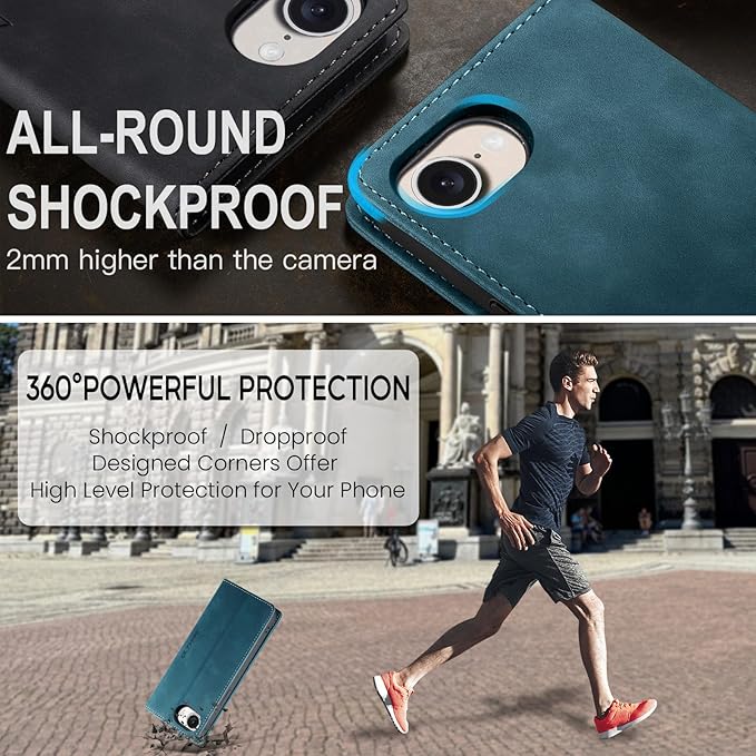 QLTYPRI Case for iPhone 16e, Vintage PU Leather Wallet Case Card Slot Kickstand Magnetic Closure Shockproof Flip Folio Cover for iPhone 16e - Blue