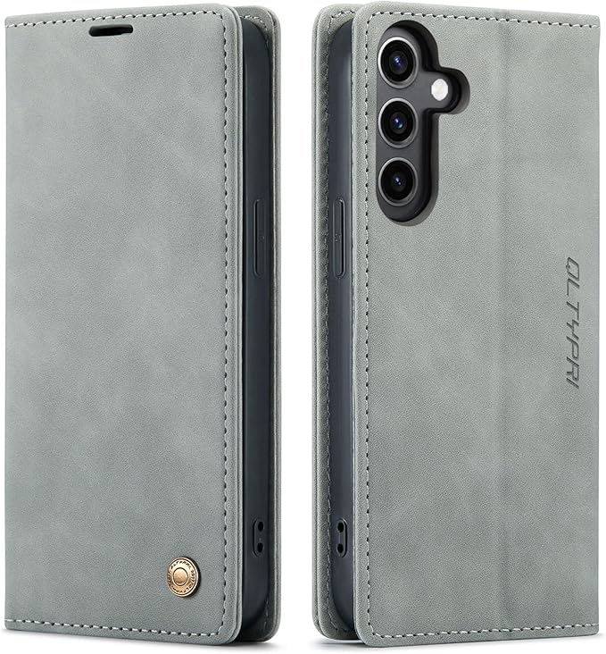 QLTYPRI Case for Samsung Galaxy S24, Vintage PU Leather Wallet Case Card Slot Kickstand Magnetic Closure Shockproof Flip Folio Case Cover for Samsung Galaxy S24 - Grey