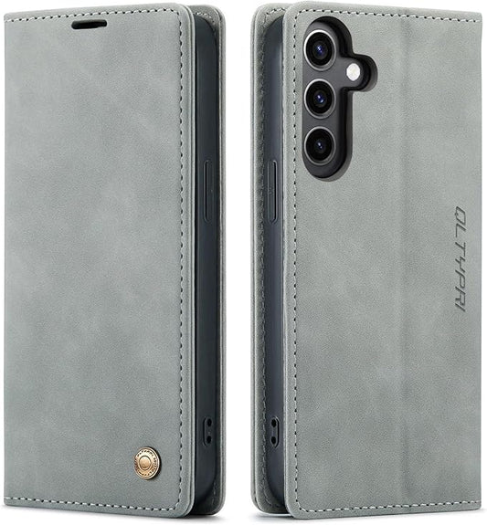 QLTYPRI Case for Samsung Galaxy S24, Vintage PU Leather Wallet Case Card Slot Kickstand Magnetic Closure Shockproof Flip Folio Case Cover for Samsung Galaxy S24 - Grey