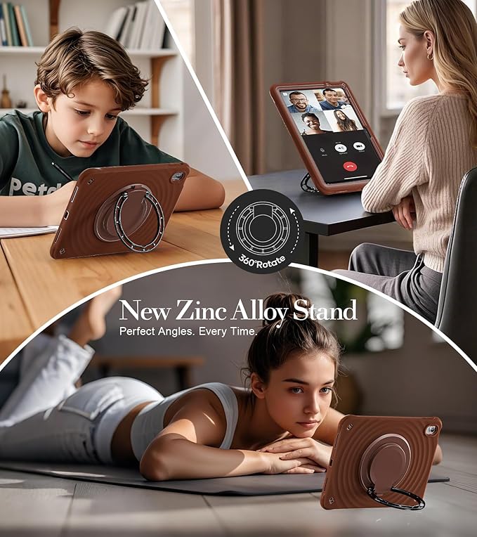 BRAECN Ripple Case for iPad (A16)11th/10th Generation 11/10.9 inch 2025/2022 Zinc Alloy Handle Ring Stand Protective Heavy Duty Screen Protector 360°Rotating 180°Folding Shoulder Strap Full-Body Cover