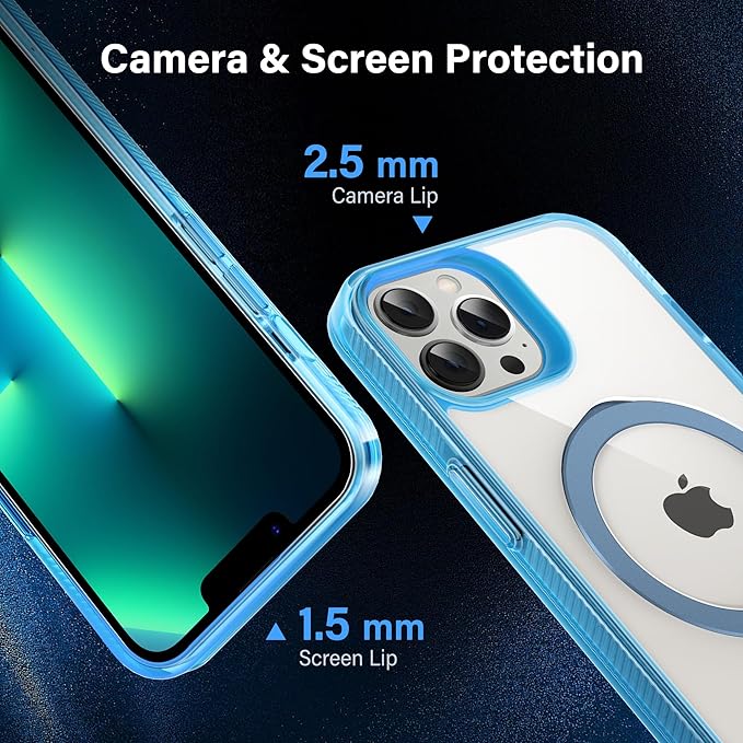 Magnetic Case for iPhone 13 Pro - [Built-in Invisible Stand] [Compatible with MagSafe] [Military Grade Drop Protection] Anti-Yellowing Hard Back Silicone Edge Cover, 6.1", Clear Blue