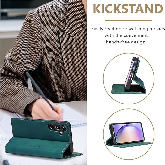 QLTYPRI Wallet Case for Samsung Galaxy S24, Vintage Folio PU Leather Purse Case with Card Slots Magnetic Closure Kickstand Flip Crashproof Phone Cover for Samsumg Galaxy S24 - Dark Green