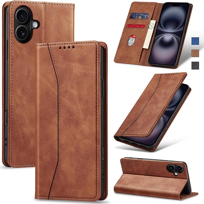 Jasonyu Flip Wallet Case for iPhone 16 Plus,Leather Magnetic Folio Cover with Card Holder,Kickstand - TPU Shockproof Durable Protective Phone Case,Brown