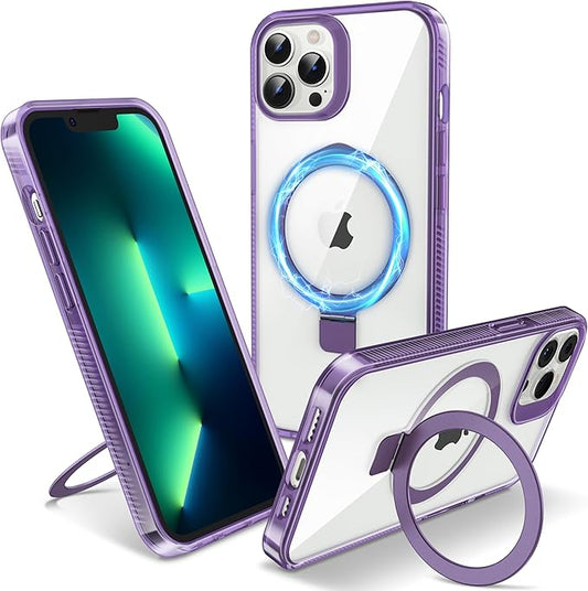 Magnetic Case for iPhone 13 Pro - [Built-in Invisible Stand] [Compatible with MagSafe] [Military Grade Drop Protection] Anti-Yellowing Hard Back Silicone Edge Cover, 6.1", Clear Purple