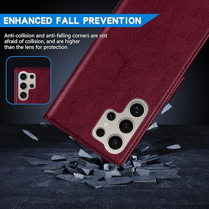ZZXX for Samsung Galaxy S25 Ultra Wallet Case with [RFID Blocking] Card Slot Kickstand Magnetic Closure Leather Flip Fold Protective Phone Case for Galaxy S25 Ultra 5G Case Wallet(Wine Red-6.8 inch)