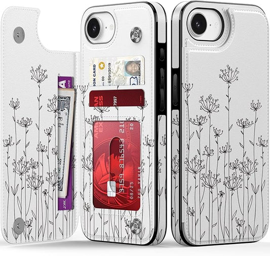 FUNMIKO for iPhone 16e Wallet Case with Card Holder, RFID-Blocking, Military-Grade Protection & UV-Printed Artwork, Magnetic Closure with Leather Kickstand - Elegantly Sketched Flower