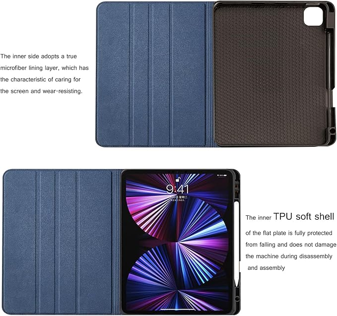 for Ipad Pro 11-inch Case M4 5th Gen 2024(Model:A2836/A2837) Genuine Leather Cover Protective Shell,Built-in Pencil Holder and Auto Wake/Sleep.Blue