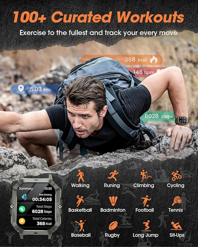 Military Smart Watches for Men (Answer/Make Calls), Waterproof Rugged Fitness Tracker with Blood Pressure/Heart Rate/SpO2/Sleep, Bluetooth Tactical Smart Watch for Android and iPhone, Military Green