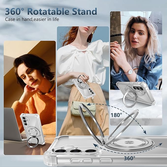 for Samsung Galaxy S24 FE Case Magnetic Compatible with MagSafe,with 2 Screen Protector,Built-in Camera Cover+Stand Ring,Military Grade Drop Shockproof Heavy Duty Protection Phone Bumper Clear