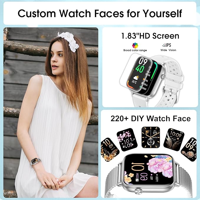 Smart Watch for Women Men (Answer/Make Calls) 1.83" HD Smartwatch Compatible Android iOS Phones with Fitness Running /Step Counter/Heart Rate/Sleep, 120+ Sports Modes IP68 Waterproof, Silver/3 Bands