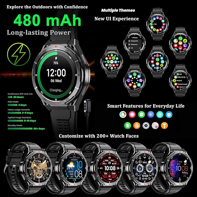 Military GPS Smart Watch: 1.43” AMOLED Always On Display, Built-In GPS, Compass, Altimeter, Barometer, Fitness/Path Tracker, BT Call, 150+ Sports, IP69K, Voice Assist, Long Battery Life, Android/iOS