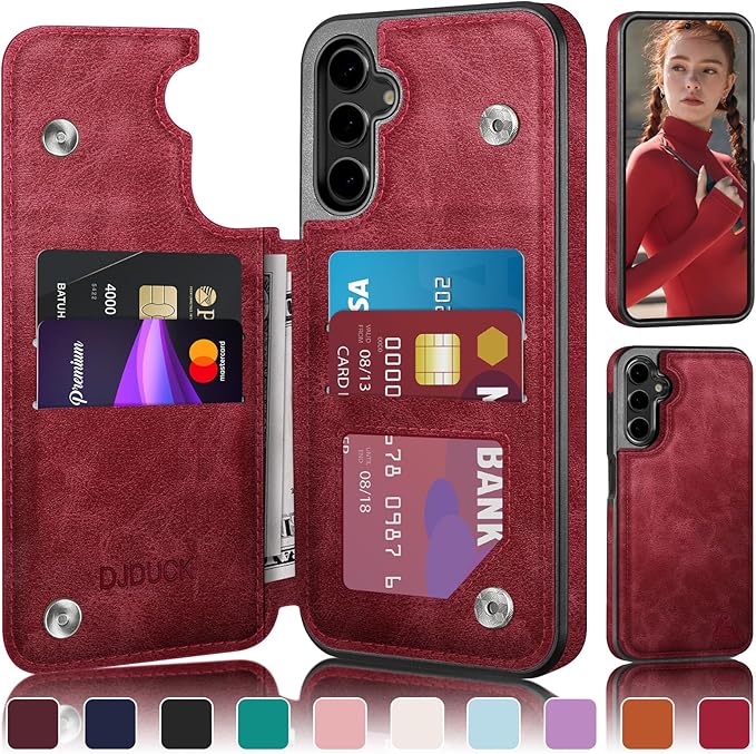DJDUCK Designed for Samsung Galaxy S25 Case Wallet with Card Holder, [Magnetic Clasp Cover] [RFID Blocking Leather Protection] Shockproof Women Men Cases for Samsung S25 Red