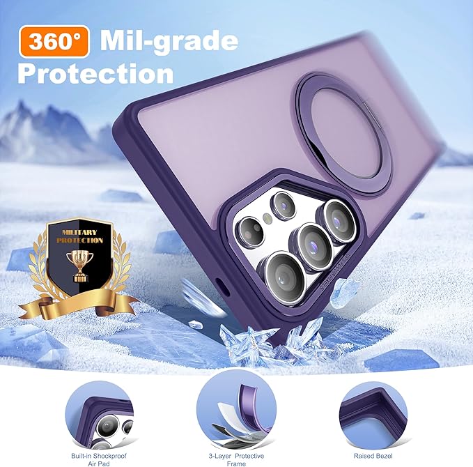 for Samsung Galaxy S25 Ultra Case with 360°Rotatable Magnetic Ring Stand Compatible with Mag-Safe Military Protection Shockproof Matte Translucent Phone Cases for S25 Ultra 6.9",Dark Purple