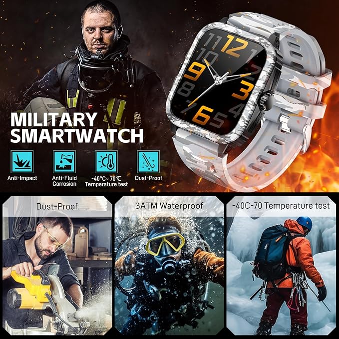 Military Smart Watches for Men (Make/Answer Call) 1.96" Screen Outdoor Activity Tracker with 100+ Sport Modes Health Monitor 3ATM Waterproof Smartwatch (Camouflage Grey)