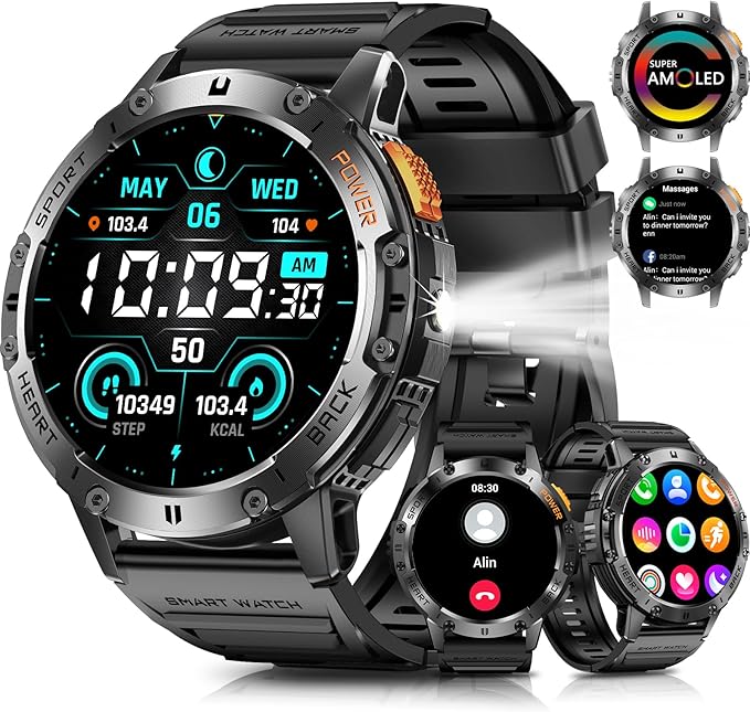 Military Smart Watches for Men with Bluetooth Call, 1.43" AMOLED Waterproof Smartwatch with Flashlight, 111 Sport Modes, 530mAh Heart Rate/SpO2/Sleep Monitor Fitness Tracker for Android iOS