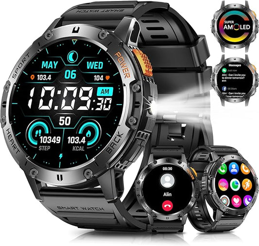 Military Smart Watches for Men with Bluetooth Call, 1.43" AMOLED Waterproof Smartwatch with Flashlight, 111 Sport Modes, 530mAh Heart Rate/SpO2/Sleep Monitor Fitness Tracker for Android iOS