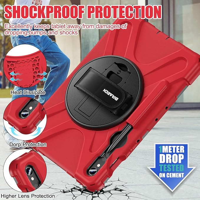 BRAECNstock for Samsung Galaxy Tab S10 Lite/ S10 FE/ S9 FE/ S9/ S8/ S7 5G Case 10.9"/ 11", Shockproof Protective Kids Case with Pencil Holder, Rotating Hand Strap & Stand, Shoulder Strap, Red