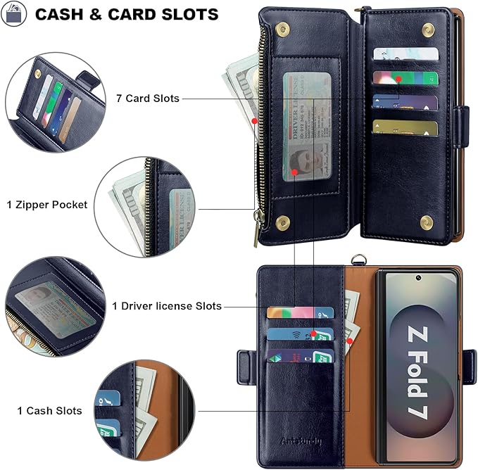 Antsturdy Compatible with Samsung Galaxy Z Fold7 Case Wallet with Card Holder,Z Fold 7 5G Phone Case with Strap Shockproof PU Leather RFID Blocking Flip Cover Credit Card Slots Women Men,Dark Blue