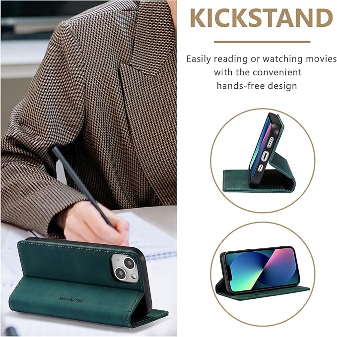 QLTYPRI Case for iPhone 14, Vintage PU Leather Wallet Case Card Slot Kickstand Magnetic Closure Shockproof Flip Folio Book Case Cover for iPhone 14(6.1 inch) - Retro Dark Green