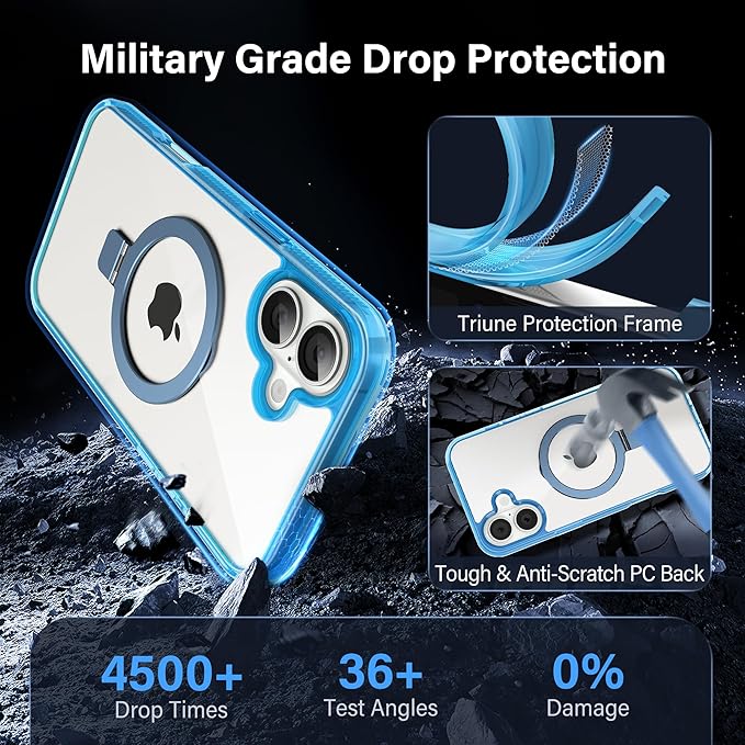 Magnetic Case for iPhone 16 Plus - [Built-in Invisible Stand] [Compatible with MagSafe] [Military Grade Drop Protection] Anti-Yellowing Hard Back Silicone Edge Cover, 6.7", Clear Blue