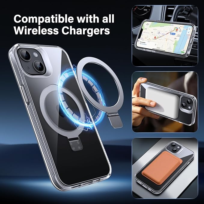 Magnetic Case for iPhone 14 Plus - [Built-in Invisible Stand] [Compatible with MagSafe] [Military Grade Drop Protection] Anti-Yellowing Hard Back Silicone Edge Cover, 6.7", Clear