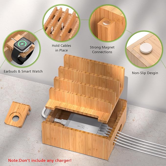 Pezin & Hulin Bamboo Charging Stand, Dock Organizer for Multi Devices, Cell Phone, Tablets, Smart Watch, with Pack 5 Cables, No Power Charger Block