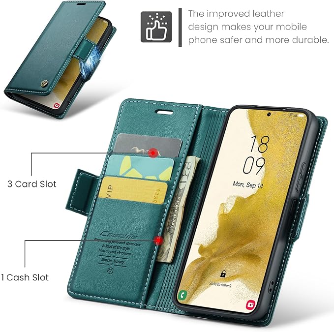 AUPAI for Samsung Galaxy S22 Wallet Case with Credit Card Holder, PU Leather RFID Blocking Folio Flip Kickstand Magnetic Clasp Protective Phone Cover for Women Men Cyan