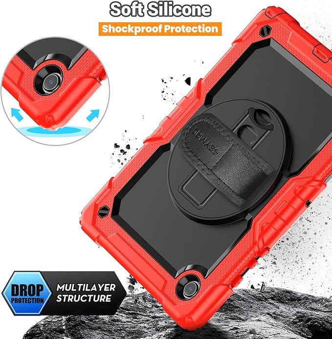 SEYMAC for Samsung Galaxy Tab A8 Case 10.5 Inch (SM-X200/ X205/ X207), Heavy Duty Full-Body Shockproof Protective Case with Screen Protector, Rotating Stand, Hand/Shoulder Strap and Pen Holder, Red