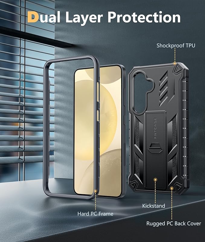 FNTCASE for Samsung Galaxy S24 Case: Military Grade Protective Cases with Kickstand | Rugged Drop Proof Shockproof Protection | Dual Layer Matte Textured TPU Phone Cover - 6.2 inches (Black)