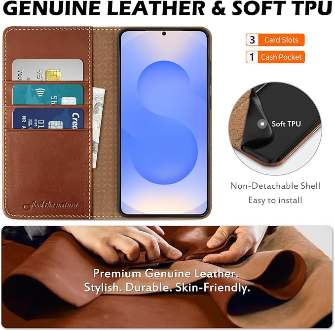 SHIELDON Wallet Case for Galaxy S25 FE 2025 5G, Genuine Leather RFID Blocking Credit Card Holder Kickstand Magnetic Folio Full Protection Cover Compatible with Galaxy S25 FE 6.7" - Retro Brown