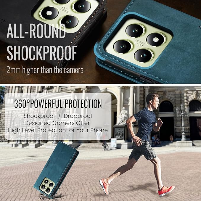 for Xiaomi 14T Case, Flip Wallet Leather Case with Card Holder Magnetic Closure Shockproof Kickstand Protective Phone Cases Cover for Xiaomi mi 14T, Blue-Green